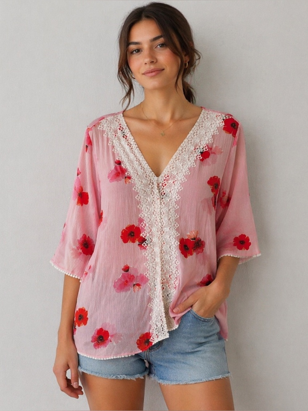Bobeau Pink and Red Lace Floral Shirt 3/4 Sleeve Lightweight Casual Top medium